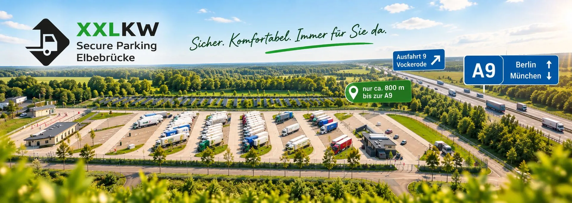 XXLKW Secure Parking Elbebrücke – Sicher. Komfortabel. Immer für Sie da. Luftbild des Parkplatzes an der A9, Ausfahrt 9 Vockerode, nur ca. 800 m bis zur A9